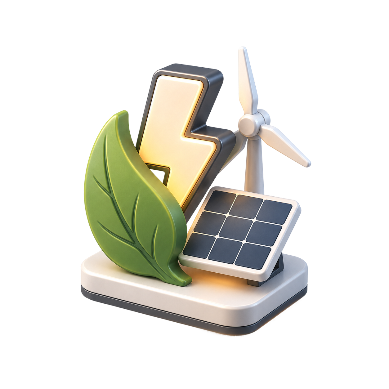 Hållbar energi: blad, solpanel och vindkraft