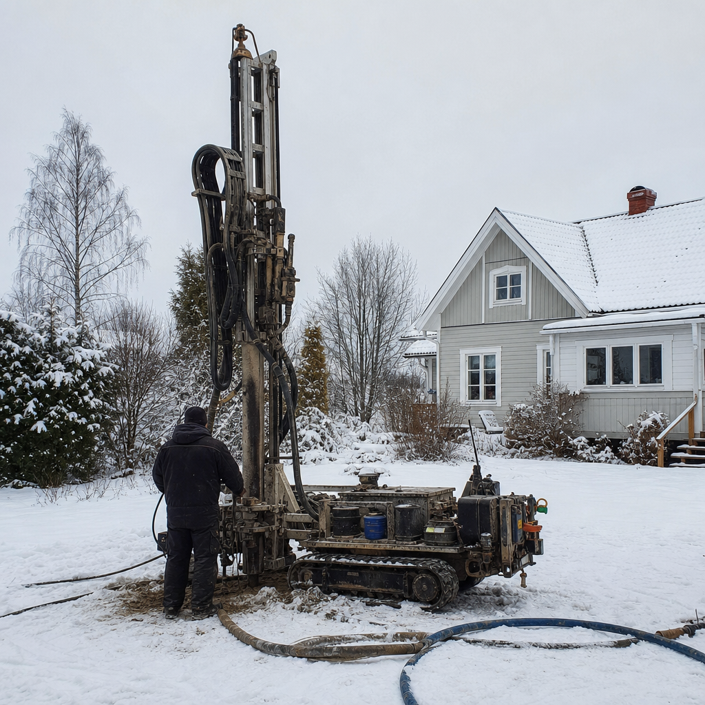 Borrigg för bergvärme på en snötäckt villatomt