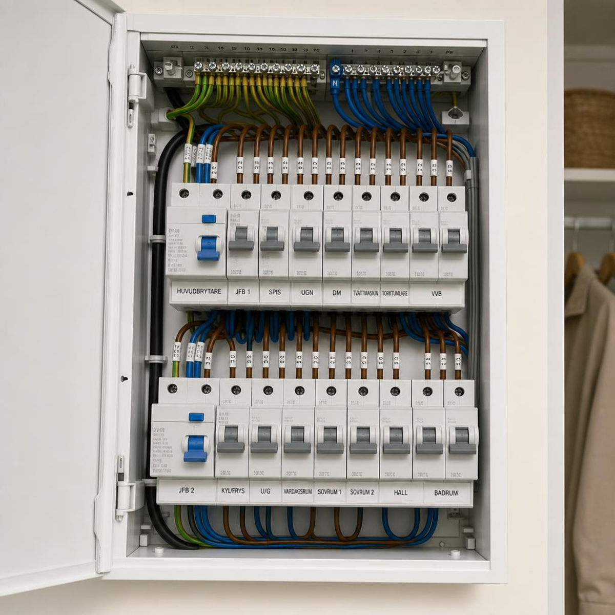 Ny elcentral med jordfelsbrytare installerad i källare