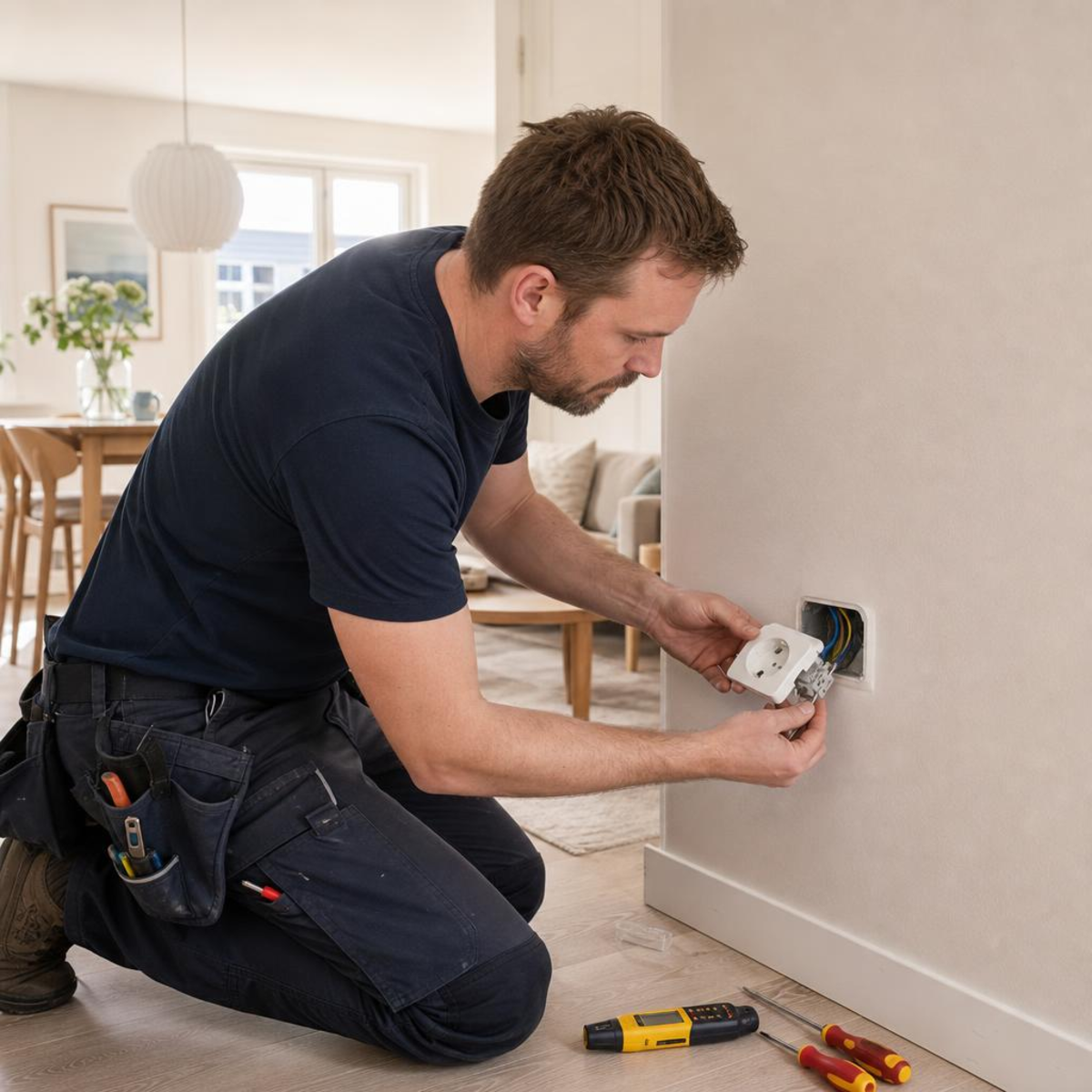 Elektriker utför elinstallation i villa