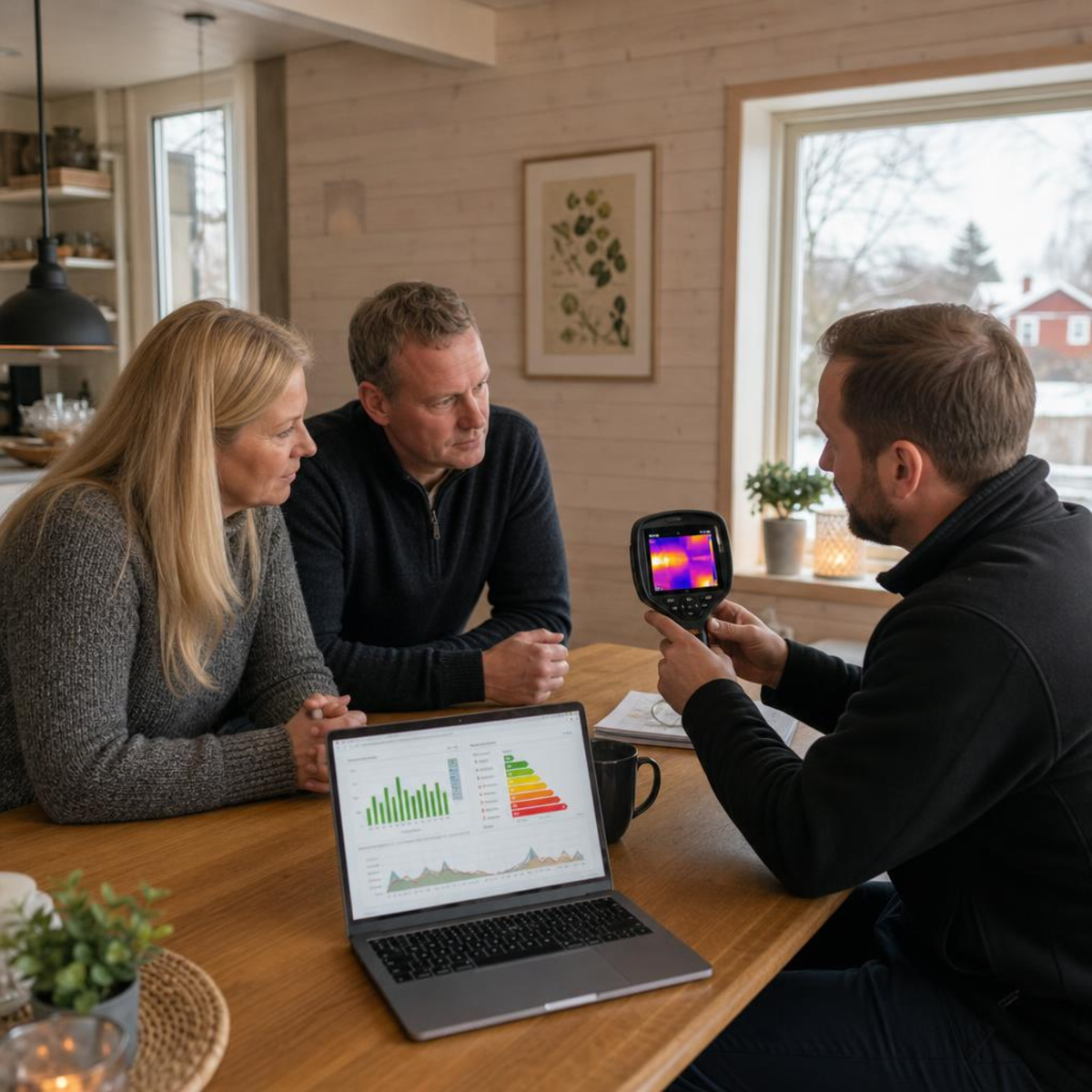 Rådgivare och villaägare går igenom energigenomgång hemma