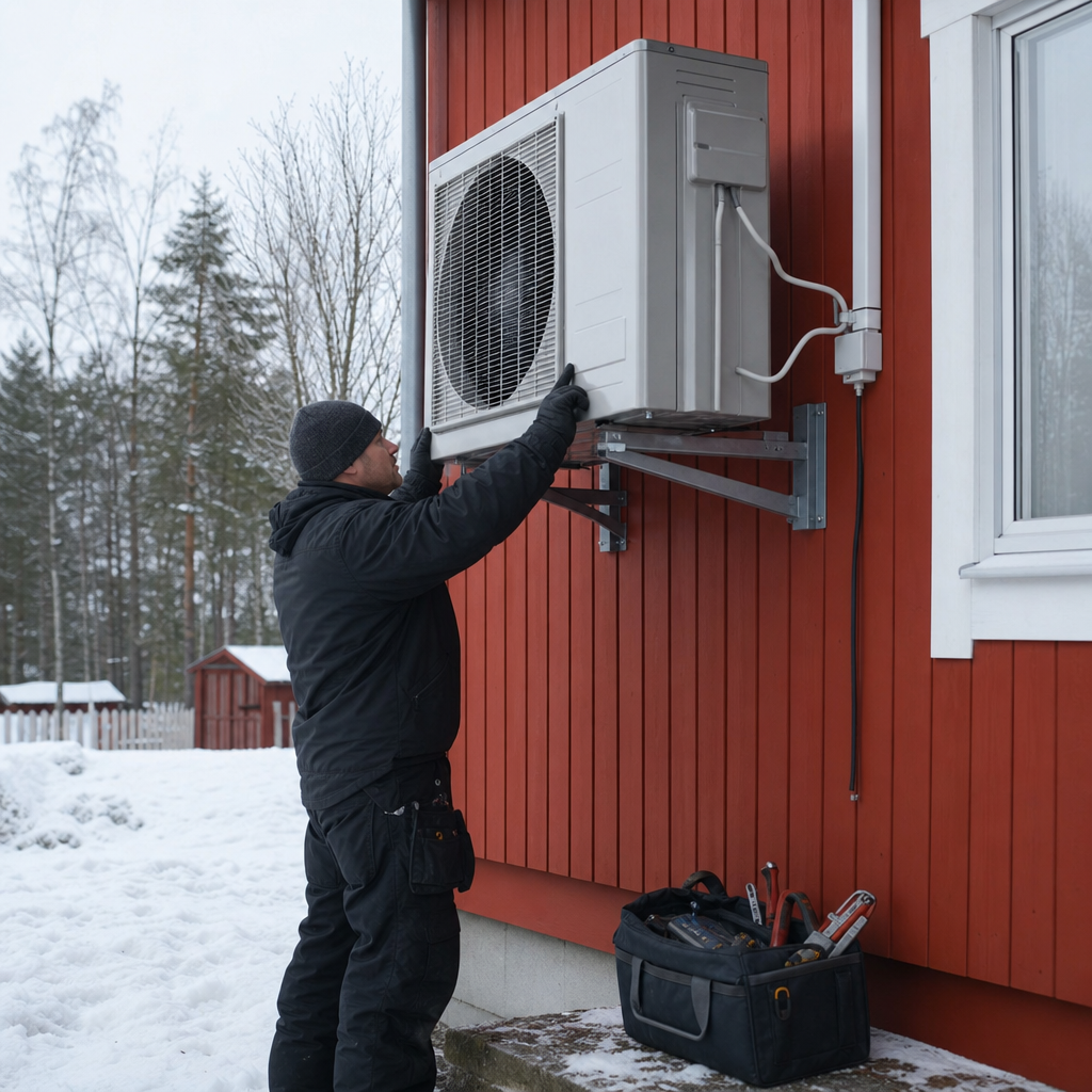 Tekniker monterar utedelen av en luftvärmepump på väggkonsol vintertid