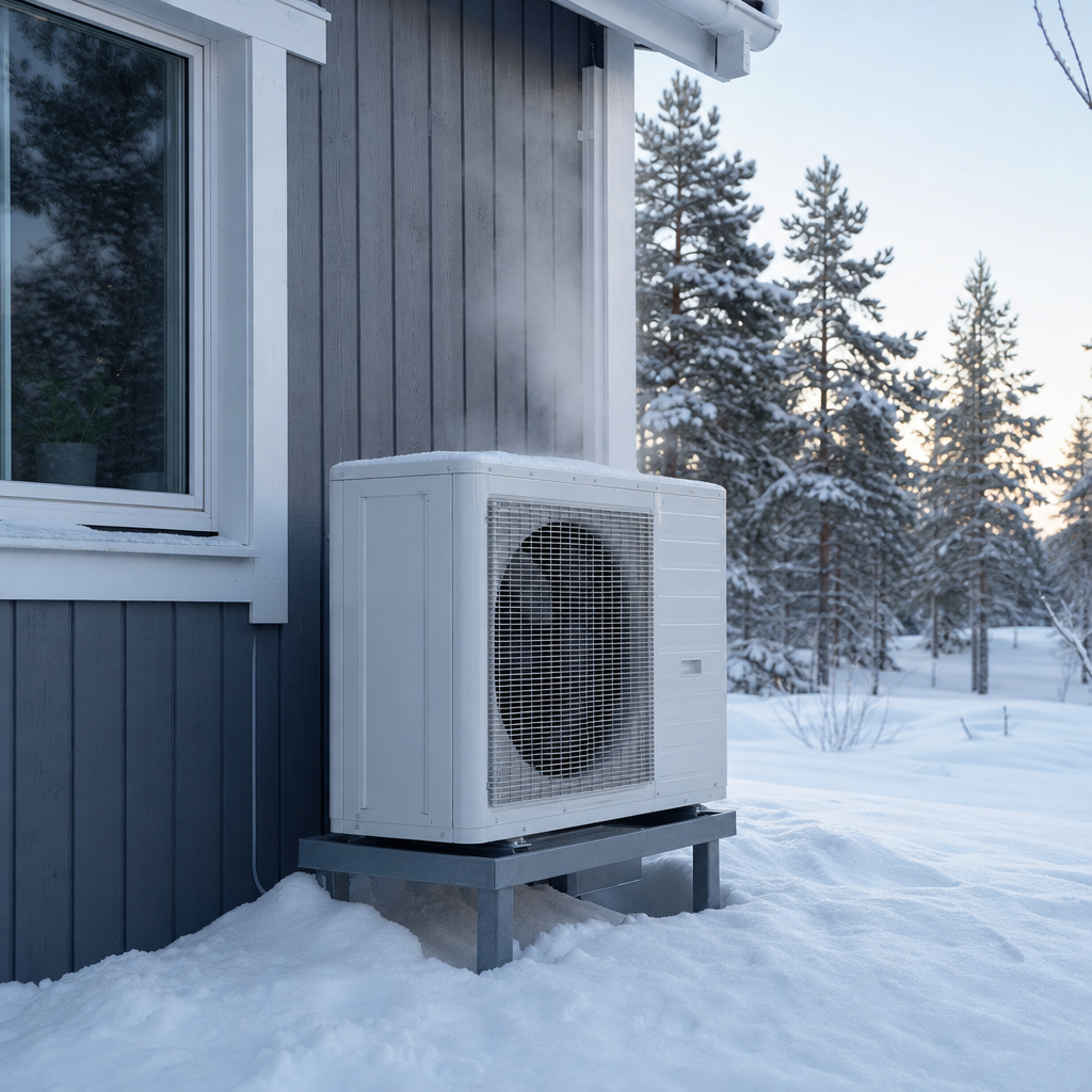 Utedel av luftvärmepump på markstativ ovanför snön vid ett norrländskt hus