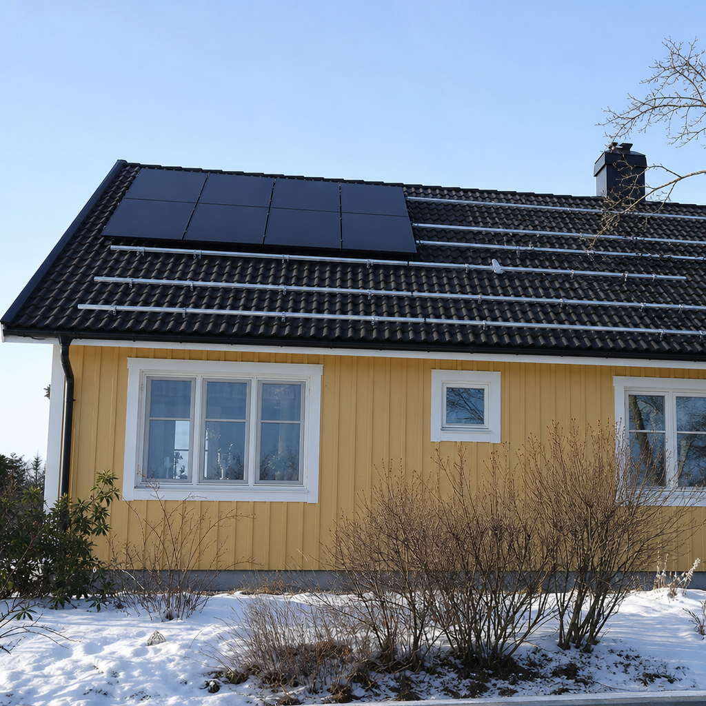 Solpaneler monteras på ett hustak i vintermiljö