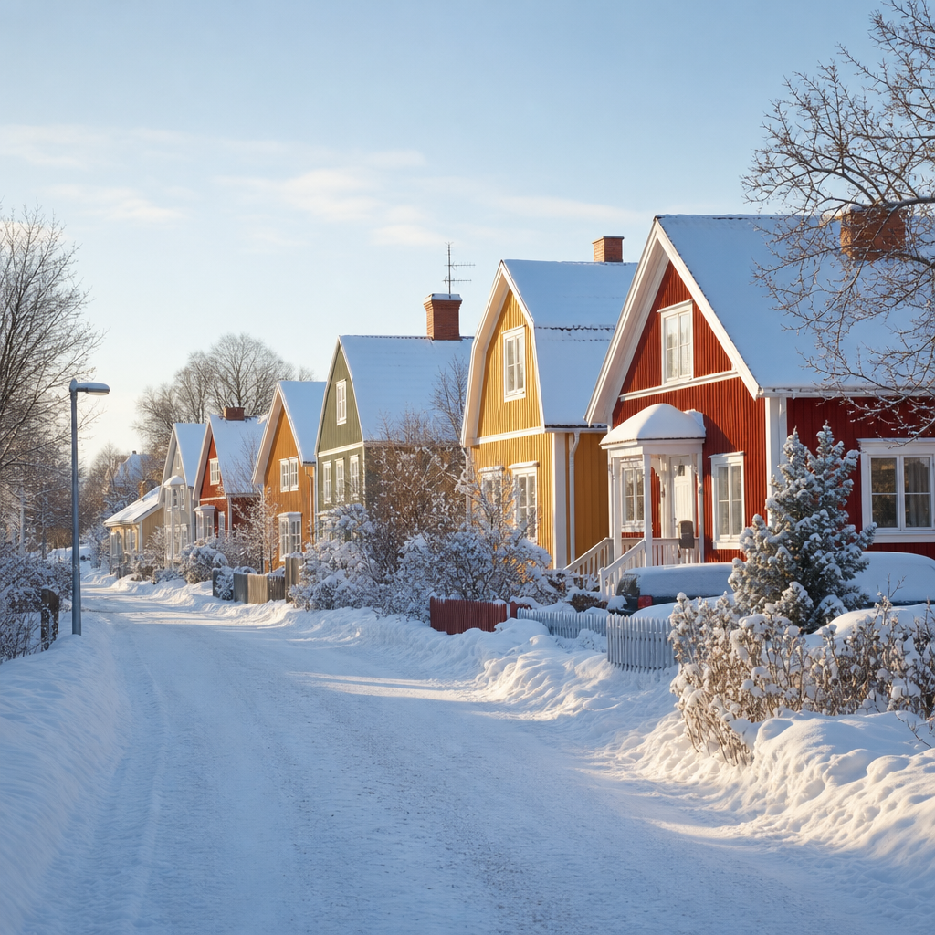Villagata i vintermiljö med snötäckta trähus