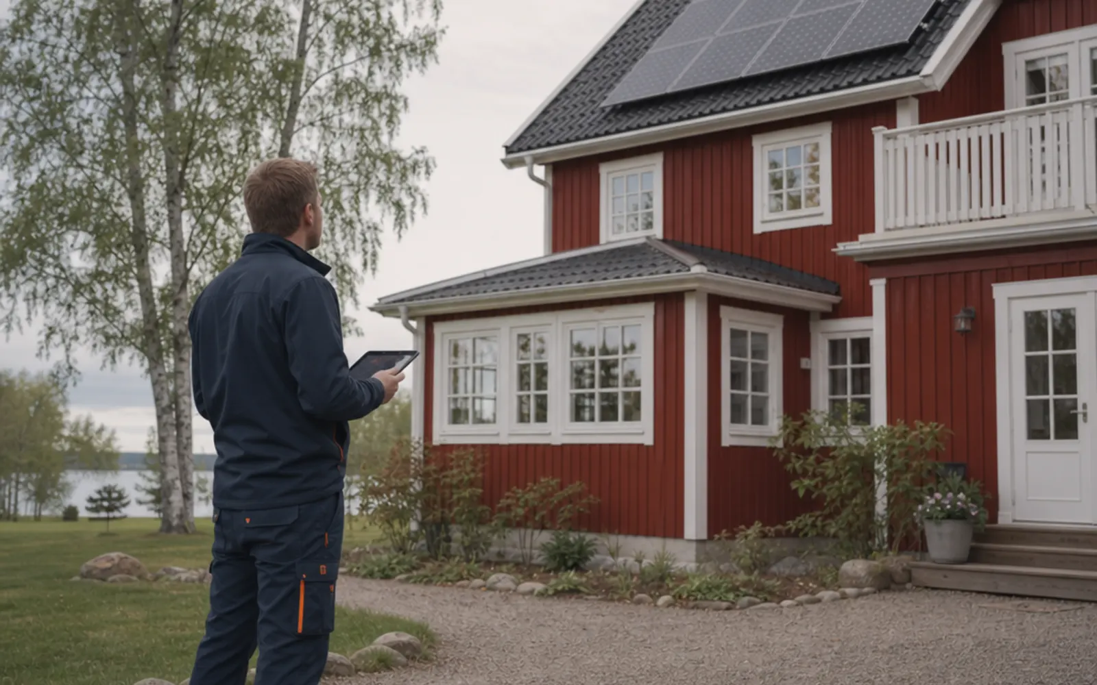 Tekniker bedömer takets förutsättningar vid ett platsbesök hos villaägare.