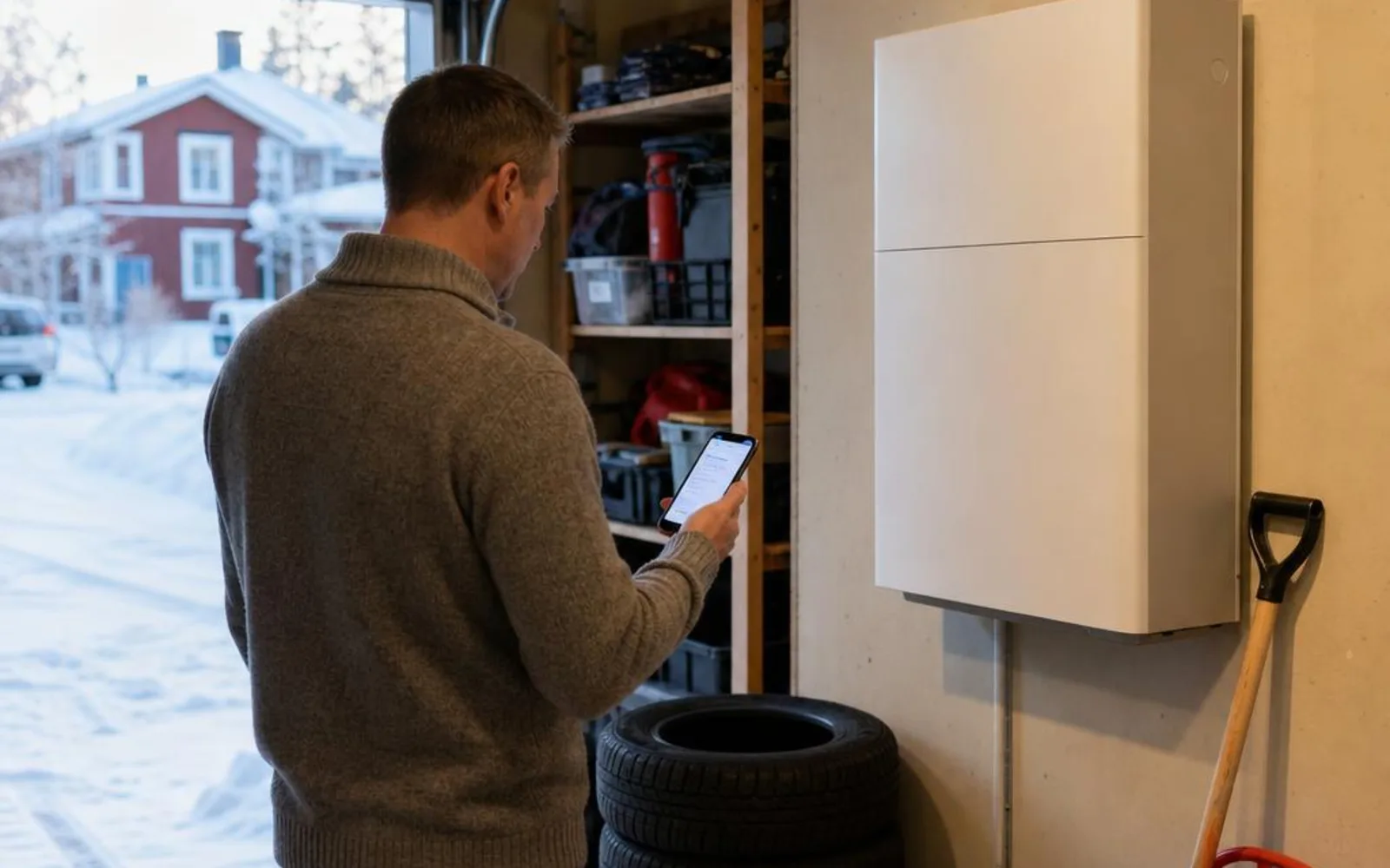 Villaägare i garaget följer hemmets energianvändning i mobilen bredvid batterilagret på väggen.