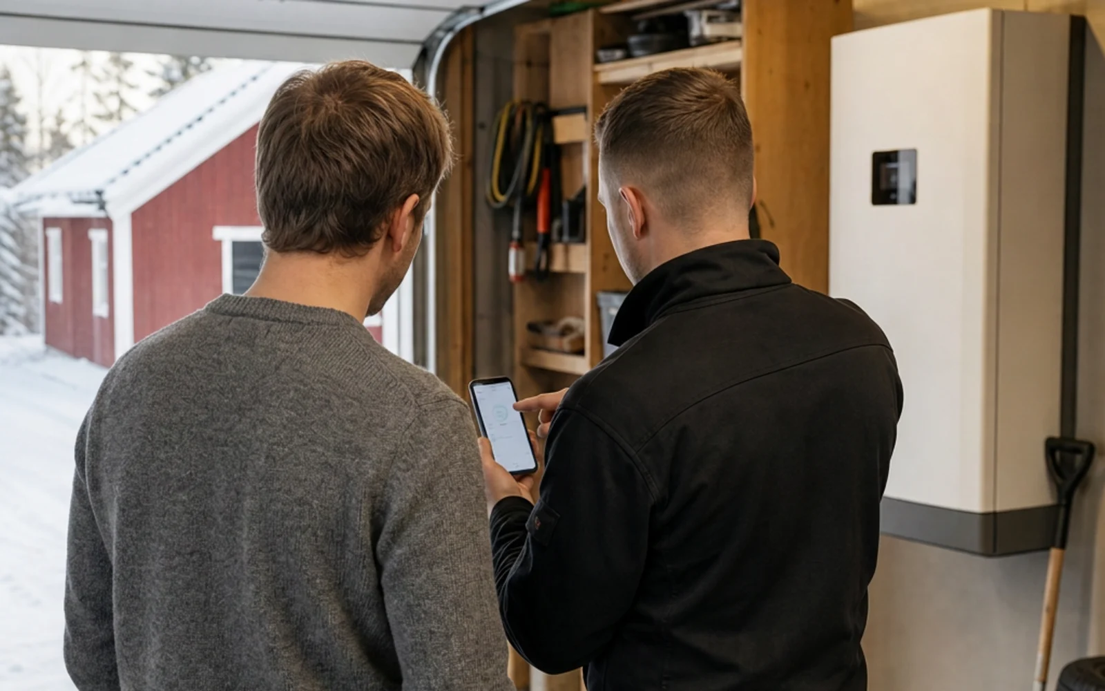 Installatör visar kunden hur anläggningen fungerar via mobiltelefon